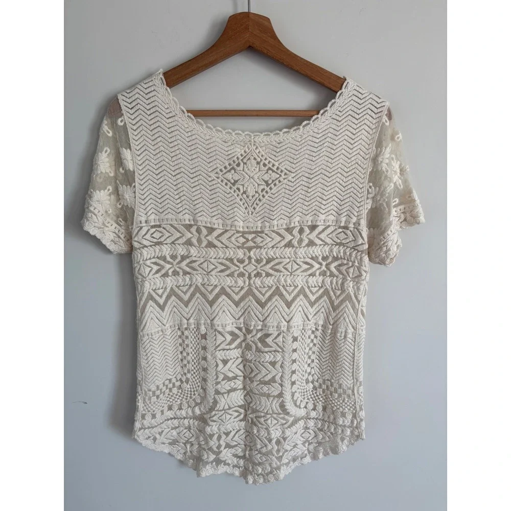 Meadow Rue Anthropologie Cream Lace Mesh Geometric Embroidered Boho Top Large - Picture 2 of 8